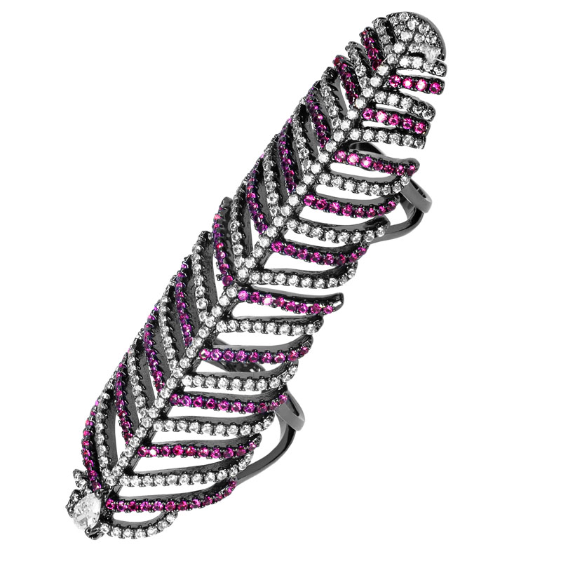 картинка Кольцо на весь палец перо с малиновыми и белыми цирконами